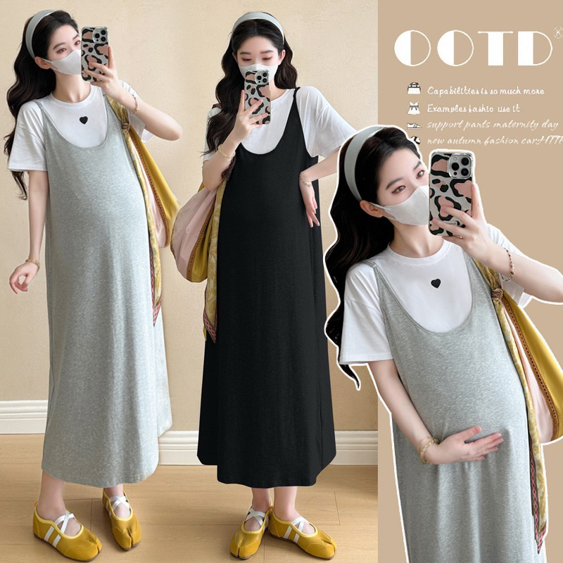 2025夏装孕妇装爆款短袖T恤+孕妈肩带吊带连衣裙两件套套装