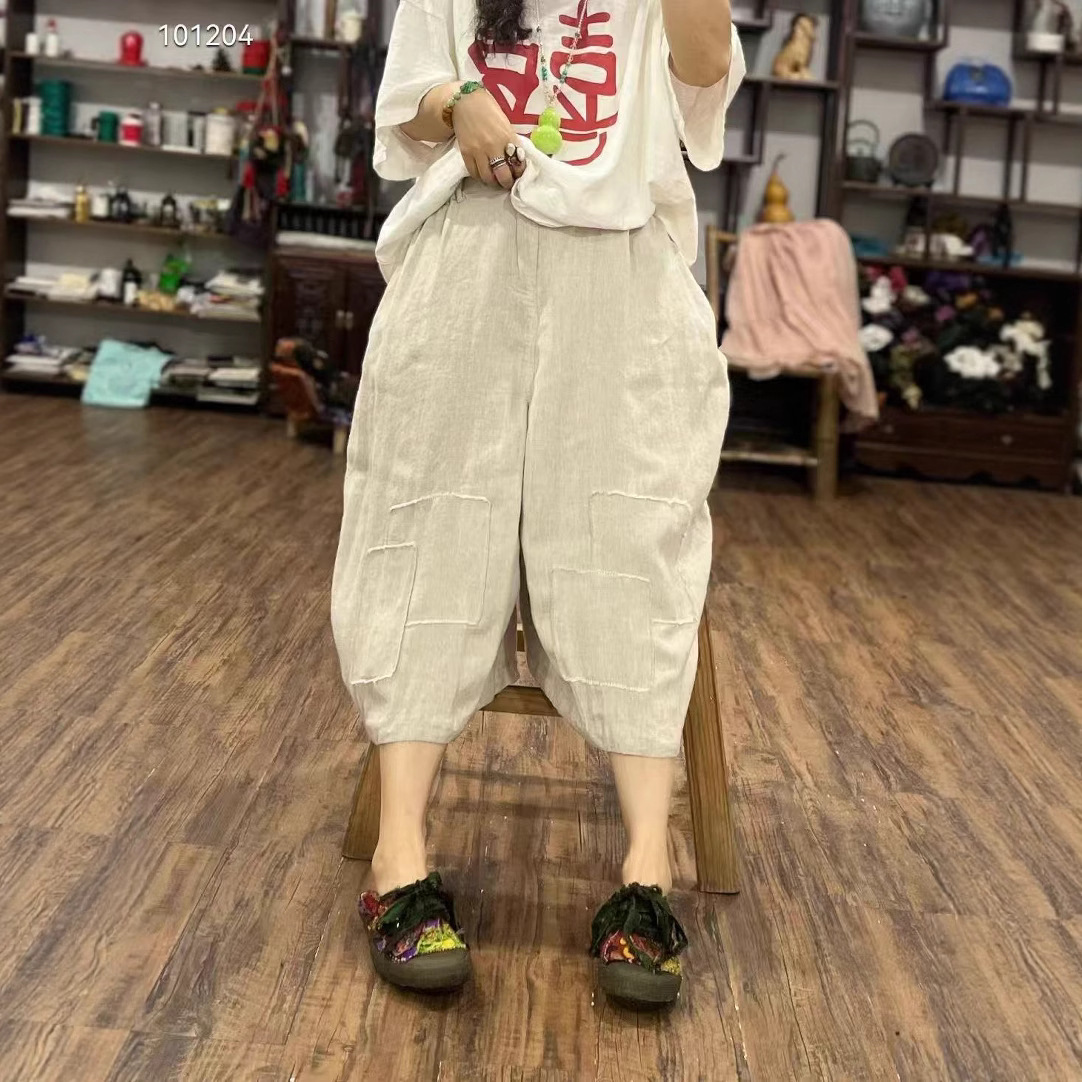 素喜光阴复古亚麻纯色拼接贴布短款夏季新款休闲百搭个性阔腿裤女