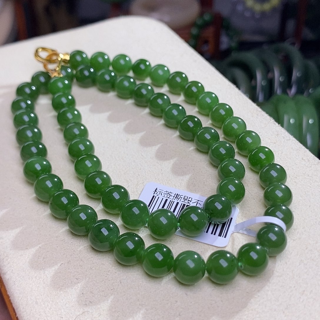 和田玉碧玉老料满色满绿约8mm妈妈项链未镶嵌✨*