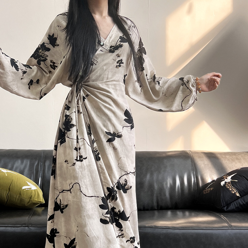 棉绸外穿系带夏季睡裙V领中式国风显瘦防晒棉绸睡衣女款裙子长款