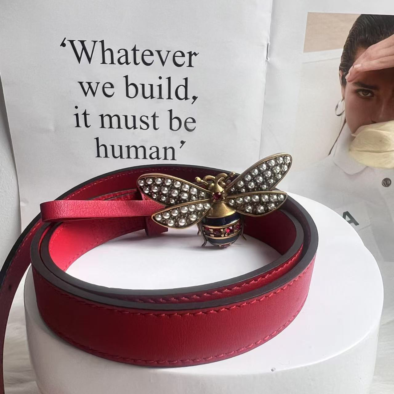 95新 GUCCI/古驰 古驰红色小蜜蜂腰带