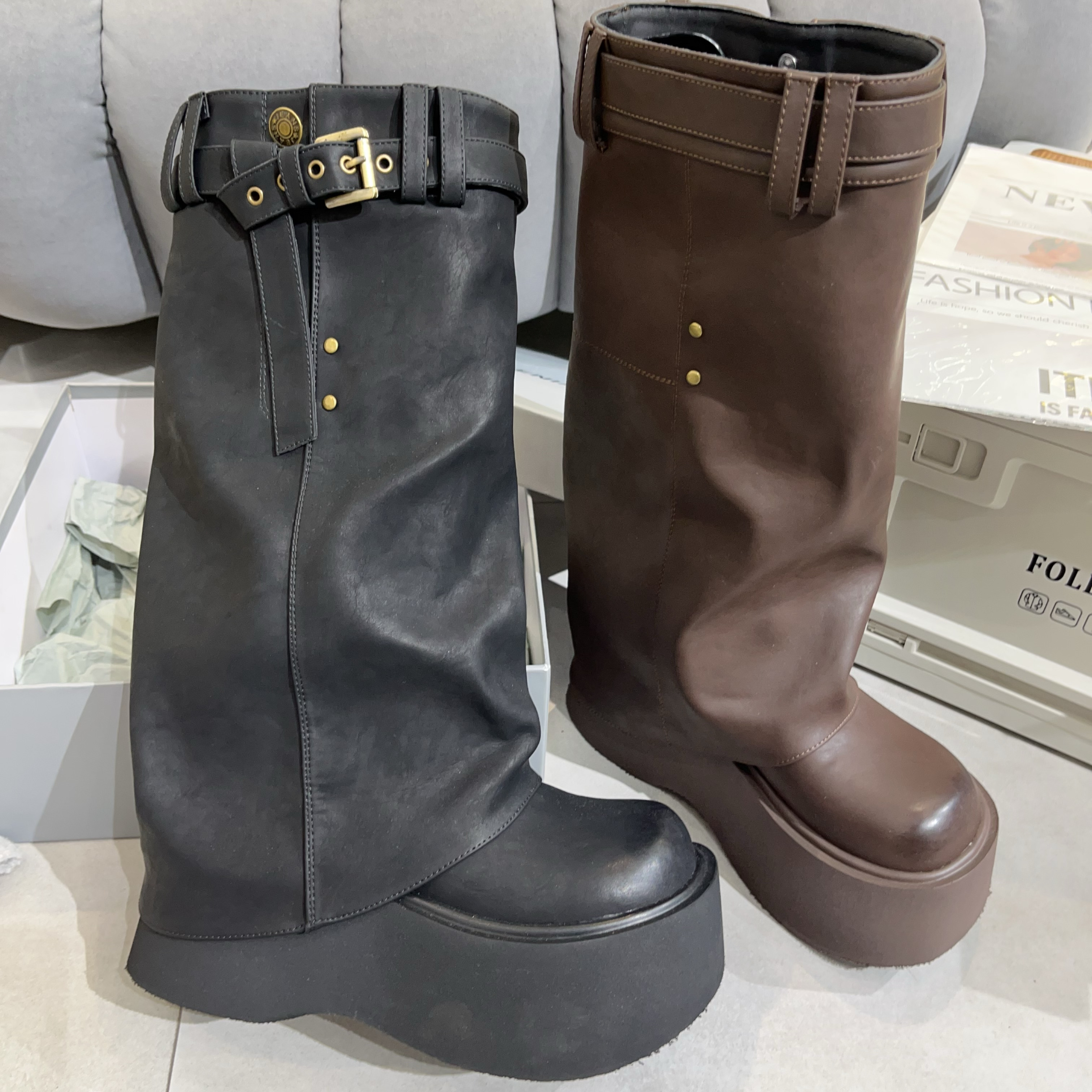 【小涵家】秋季新款欧洲站小众走秀大腿围皮带扣厚底【8cm】裤管靴ins