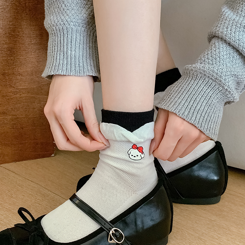 撞色泡泡花边可爱袜子女中筒春夏款卡通花边堆堆袜爆款ins潮长袜