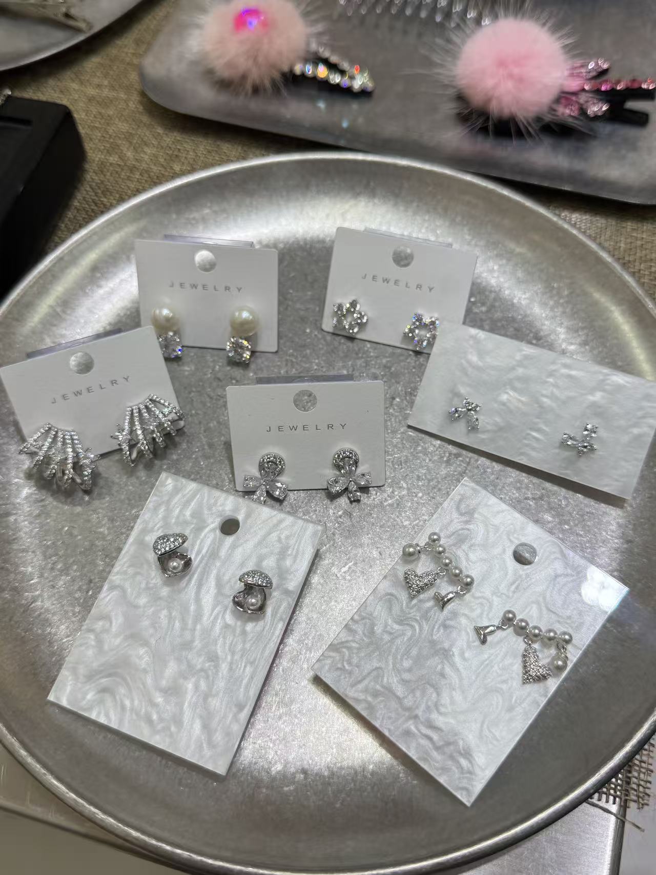 铜合金耳饰 连麦自选时尚银色简约风耳钉气质百搭镶钻小众