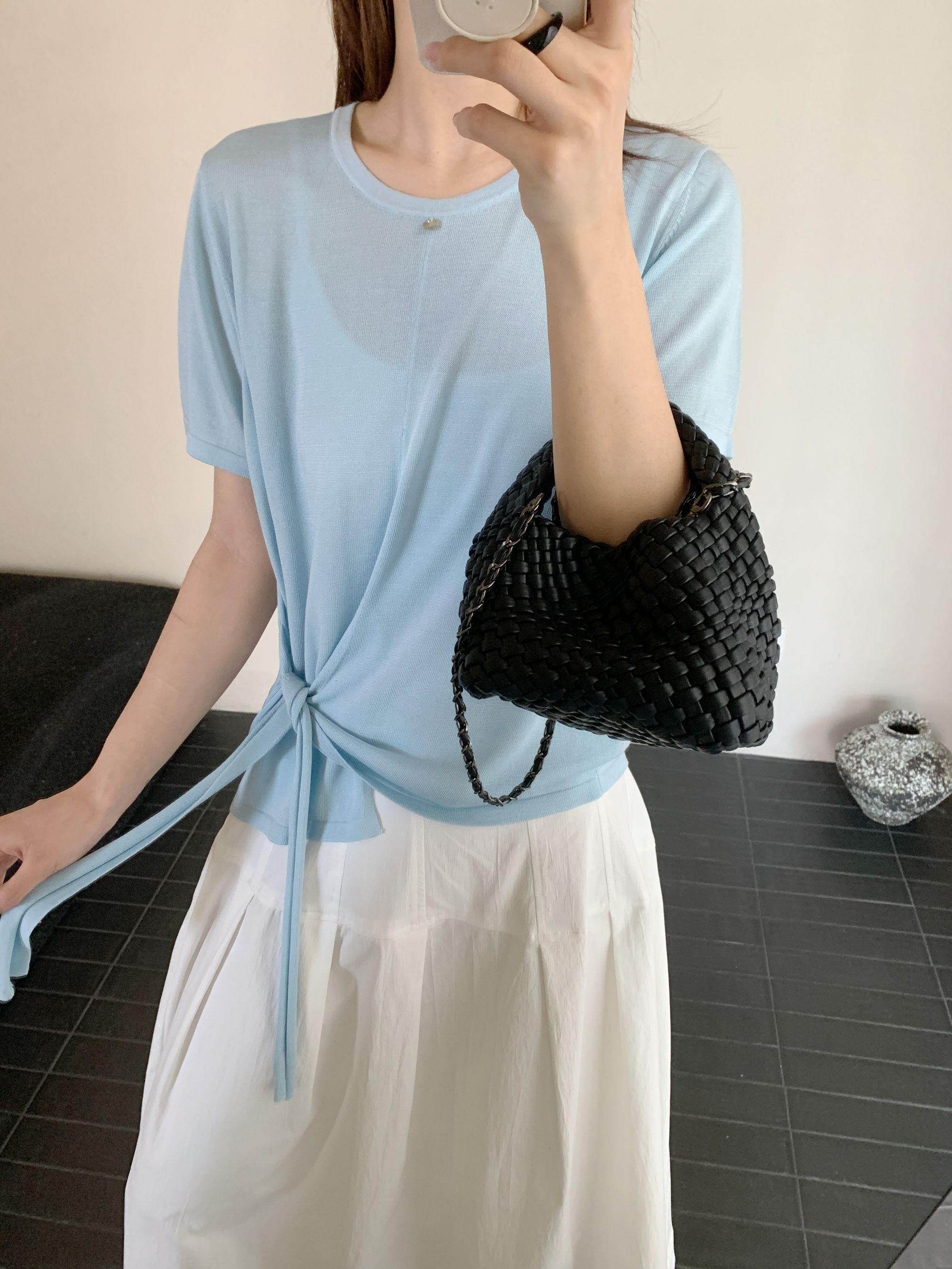 【潘潘.508889】2025年夏季新款冰蚕丝纯色圆领短袖套头针织衫