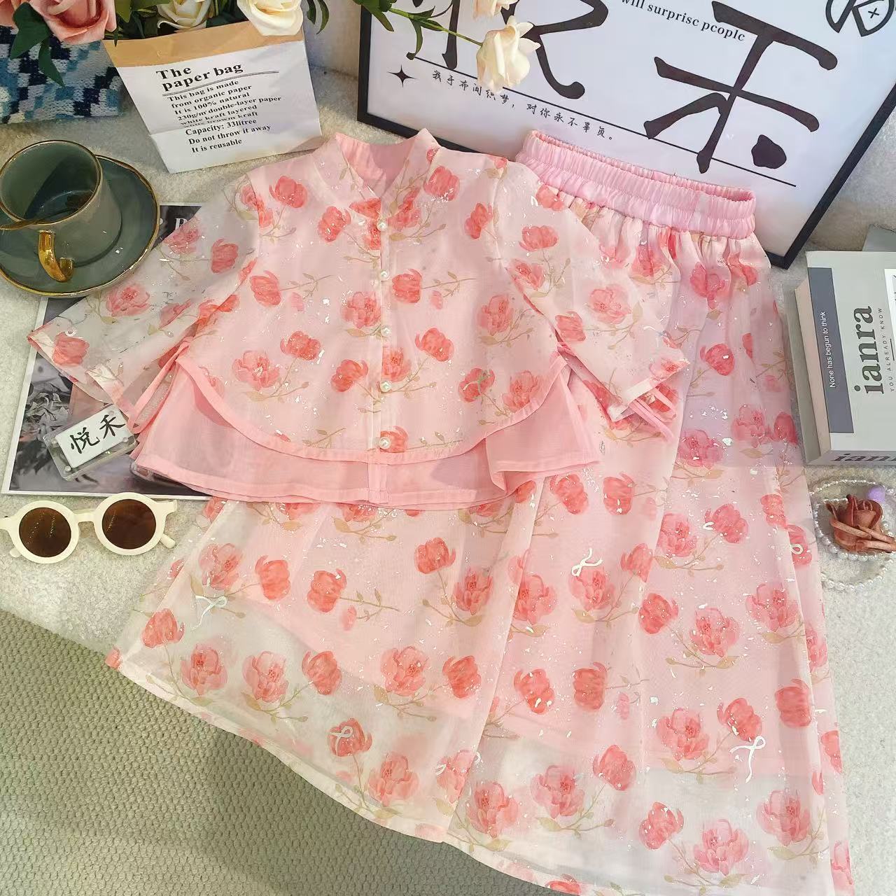SD女童新中式国小飞袖2025夏季粉色飘逸甜美公主长裤套装8865