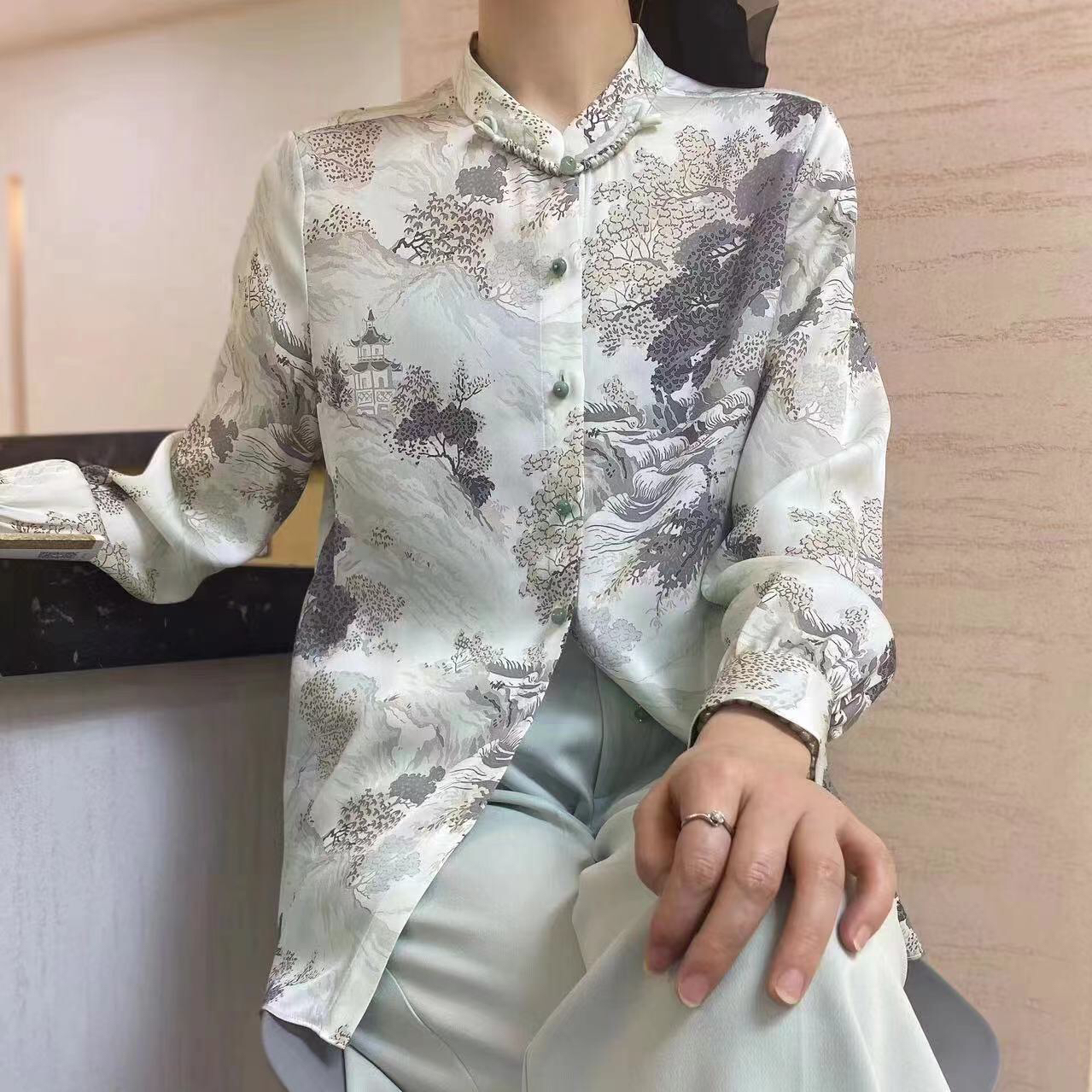 高贵优雅极简水墨衬衣高级风立领洋气时尚印花文艺衬衫47740