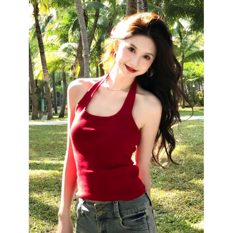 纯欲风性感红色挂脖吊带背心女夏季内搭外穿修身显瘦辣妹露背上衣