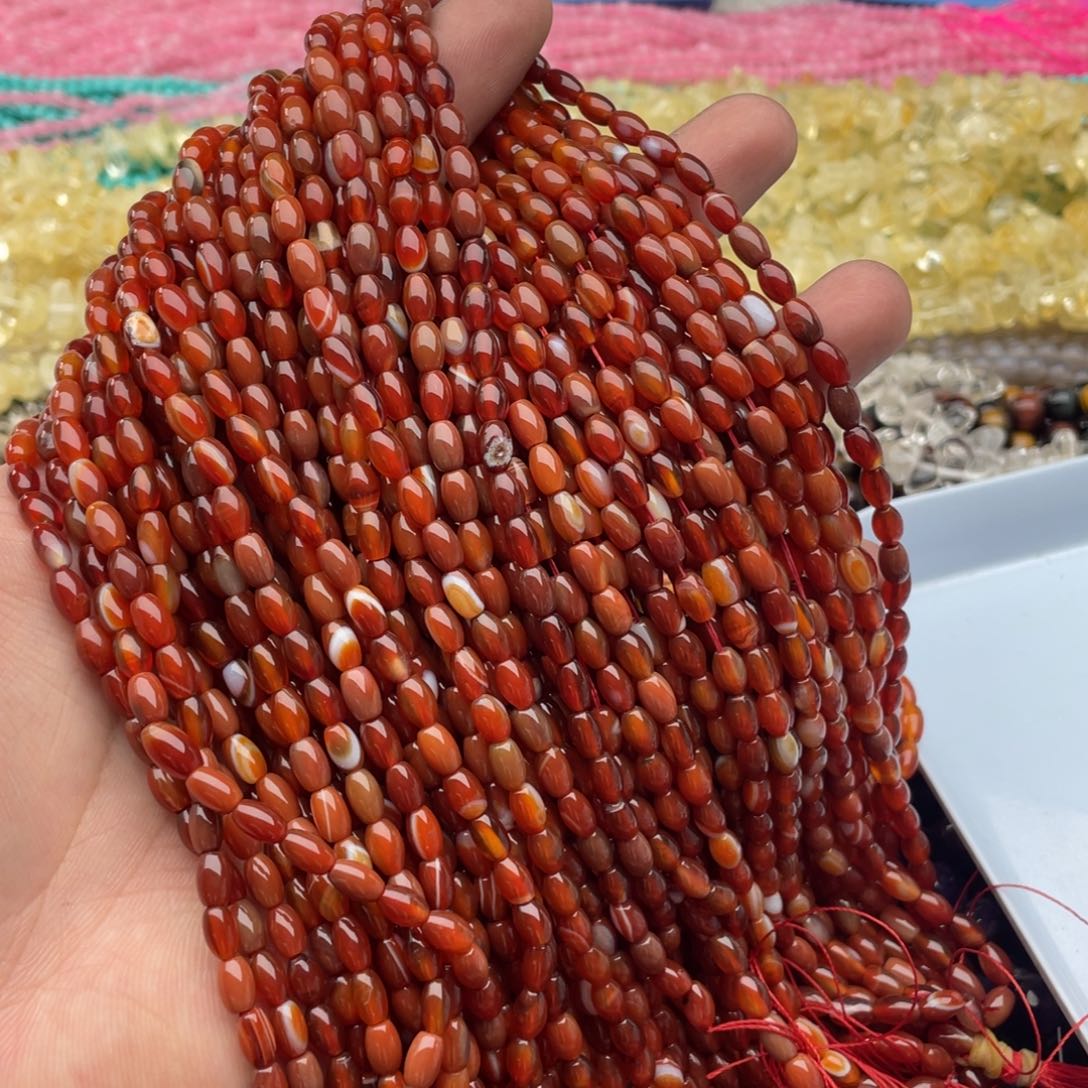 玛瑙/玉髓珠宝半成品未镶嵌一条装4*6mm红蚕丝玛瑙鼓珠
