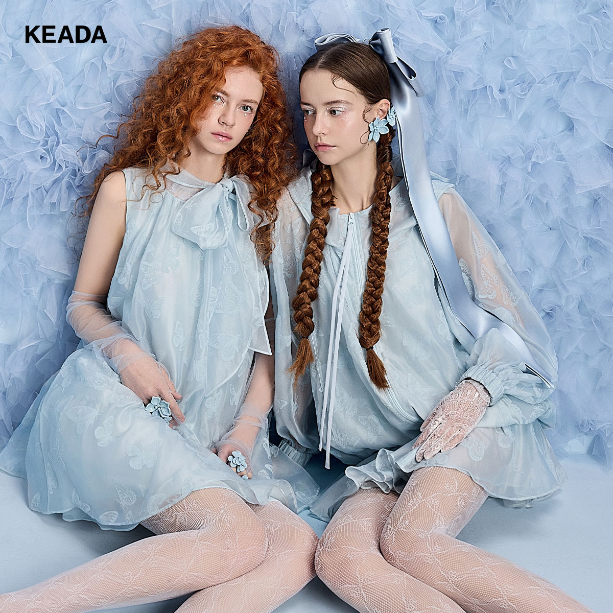 KEADA蝴蝶植绒粉蓝雪纺薄外套女休闲风连帽KSN3JK4315