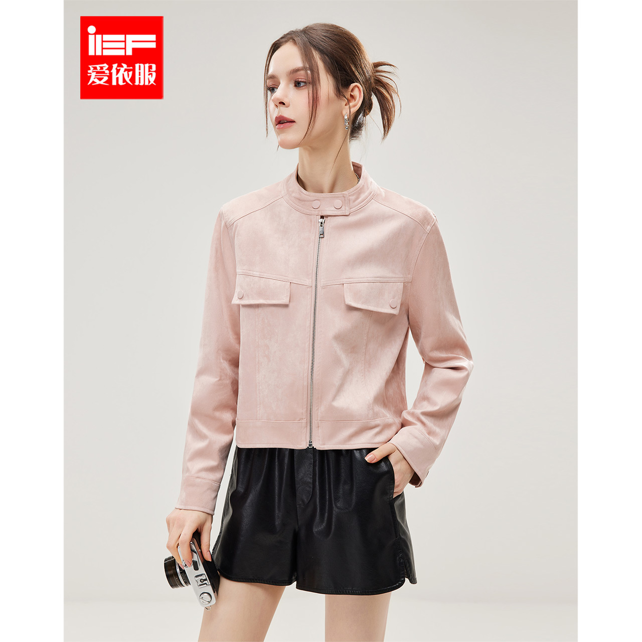 IEF/爱依服2025秋季新款美式甜酷简约休闲风短款磨砂皮外套流光风