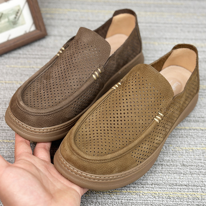 夏季镂空皮鞋男2025新款头层牛皮打孔透气洞洞鞋轻便一脚蹬乐福鞋