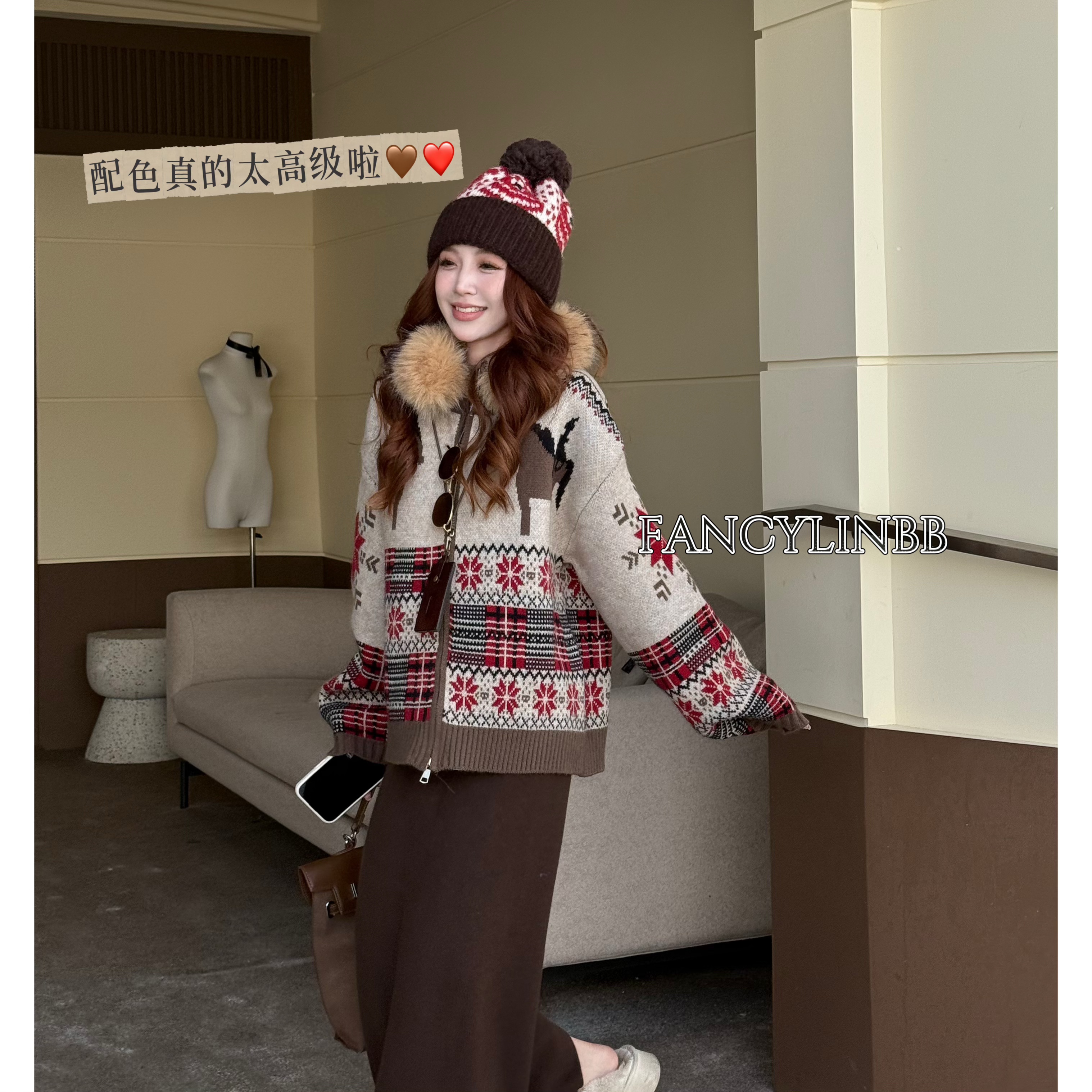 【小木马】林北鼻·羊毛毛毛围脖重工提花费尔岛风毛衣外套