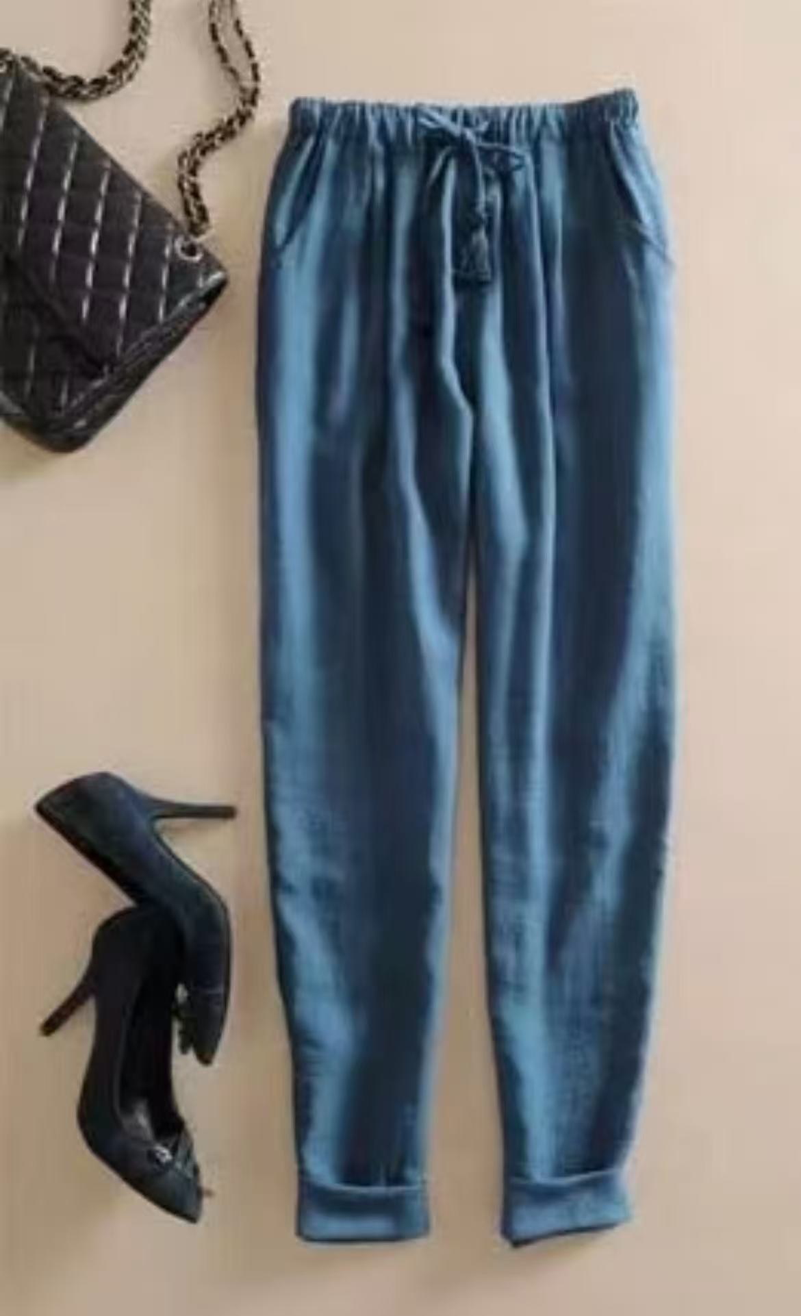 2025新款夏季薄款休闲宽松哈伦九分裤松紧腰时尚百搭蓝色直筒女士