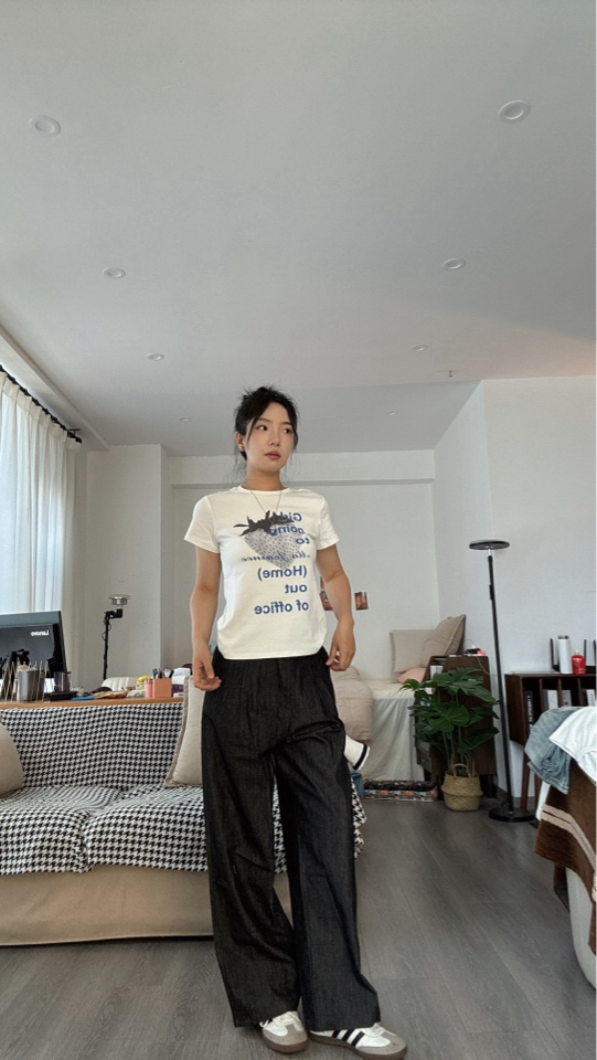 WX 夏季轻薄透气款复古褶皱阔腿裤牛仔裤