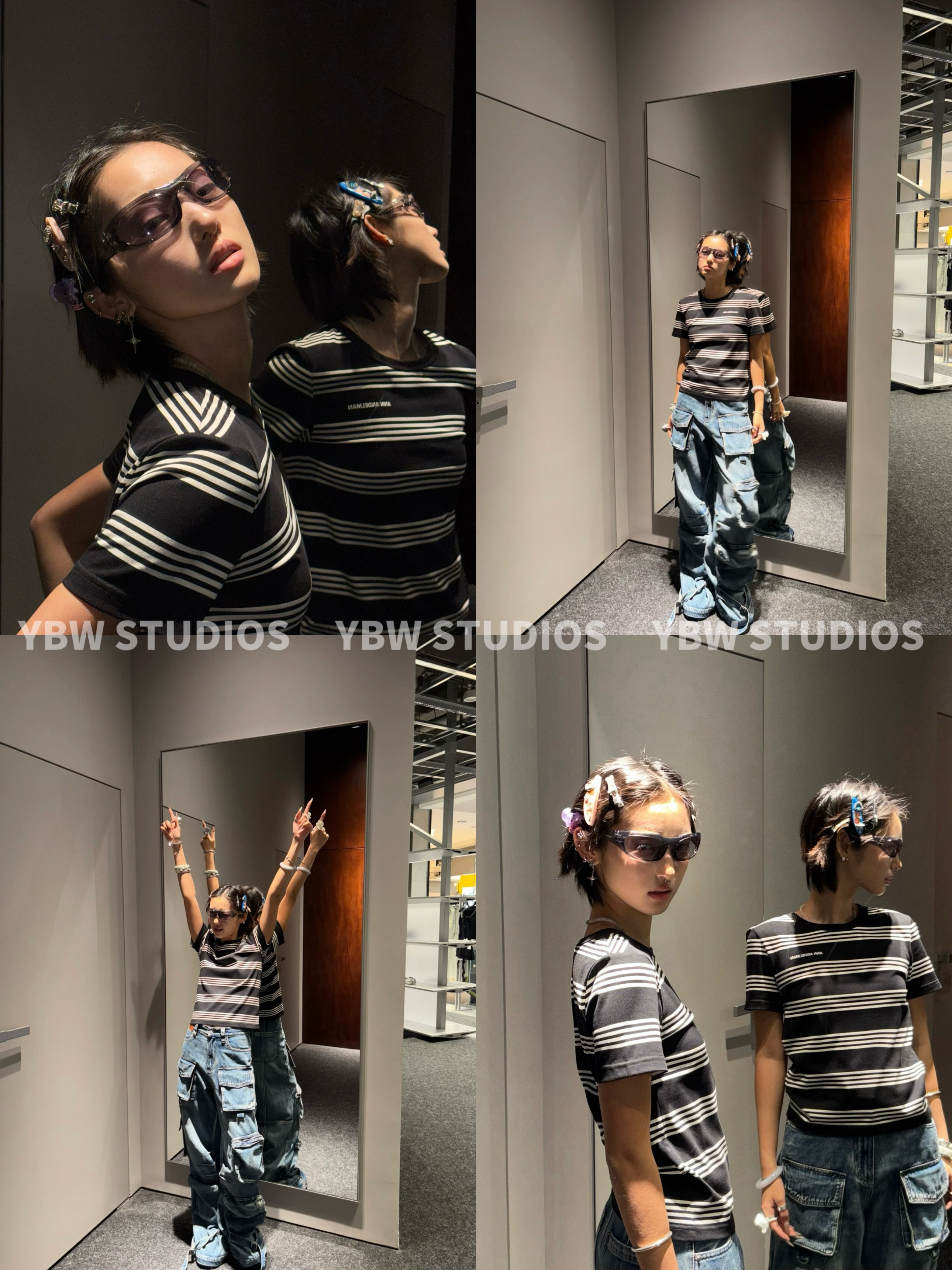 【YBW】An*立体徽标黑白间条纹正肩短袖T恤