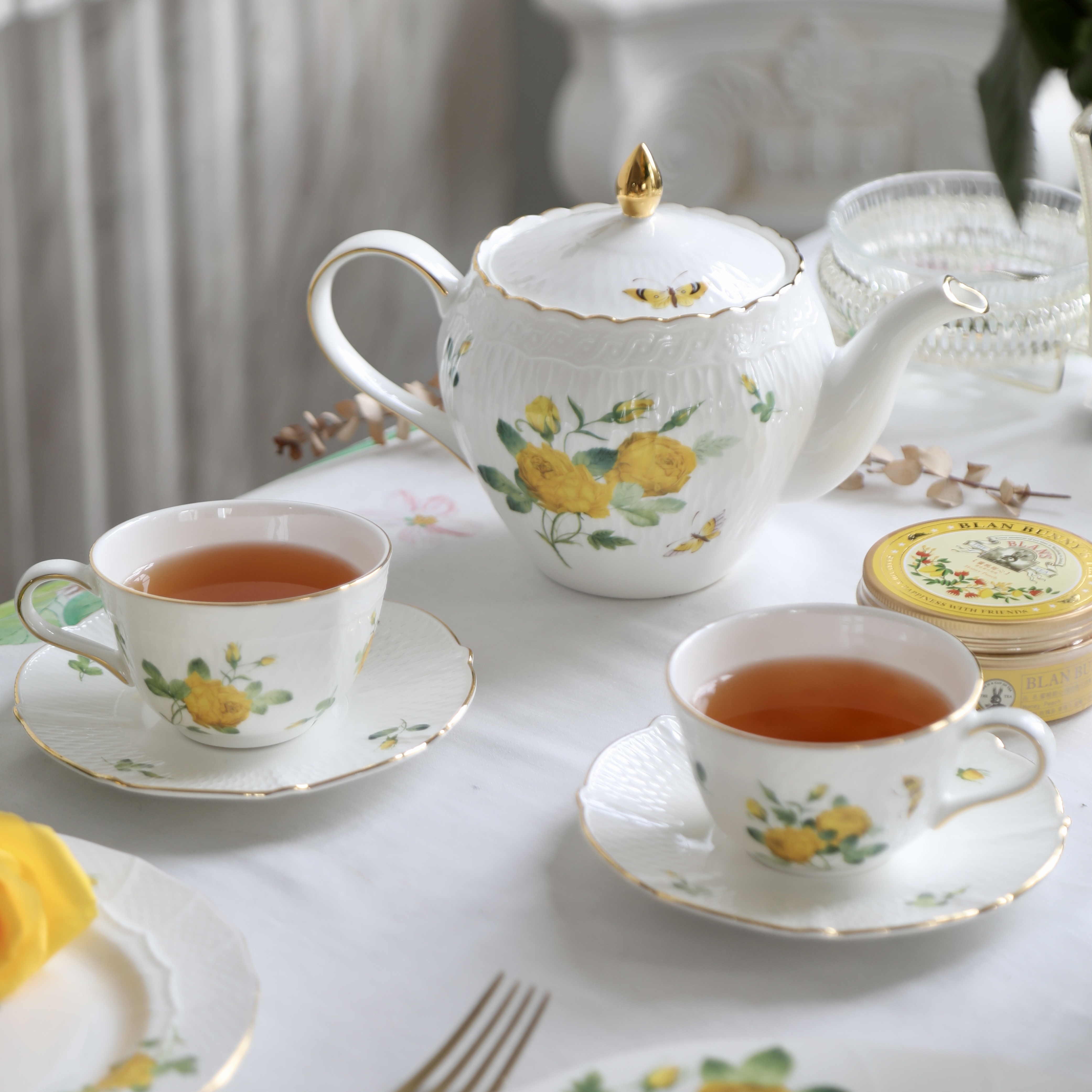 安娜16点（黄玫瑰）一壶两杯碟骨瓷英式下午茶茶具套装礼盒