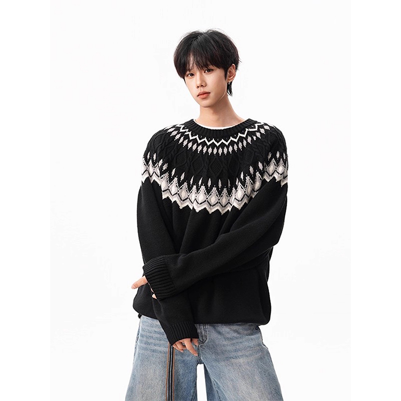 美式提花费尔岛套头毛衣男秋冬宽松慵懒感情侣针织衫加厚情侣外套