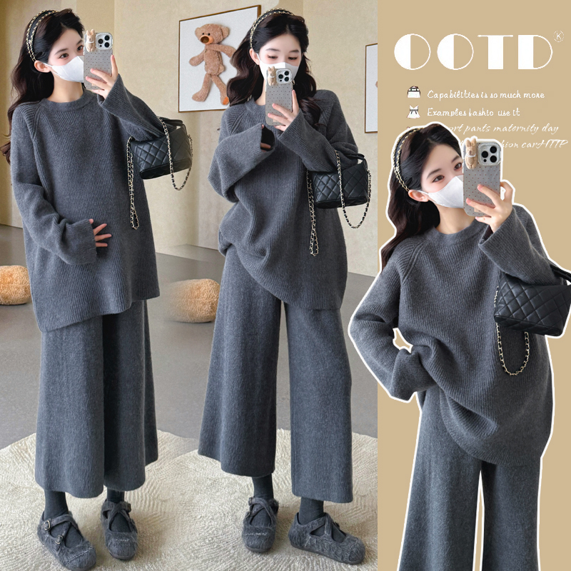 加厚保暖秋冬季孕妇装时髦洋气头毛衣宽松八分阔腿裤两件套孕期