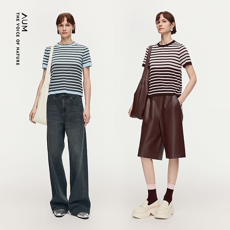 AUM噢姆26年春季新款时尚百搭短款圆领撞色条纹针织T恤M1GB1S51M