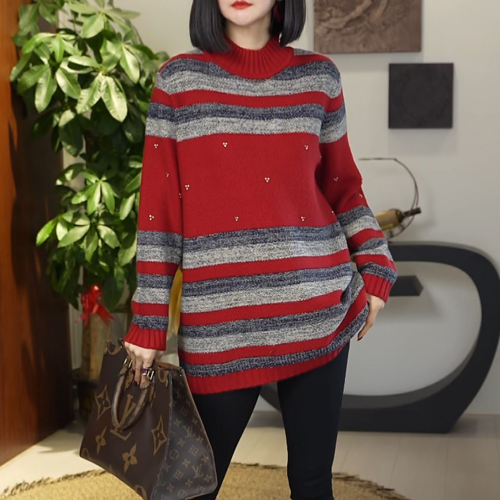 时尚洋气秋冬毛衣女2025微胖mm气质红色新款新年上衣