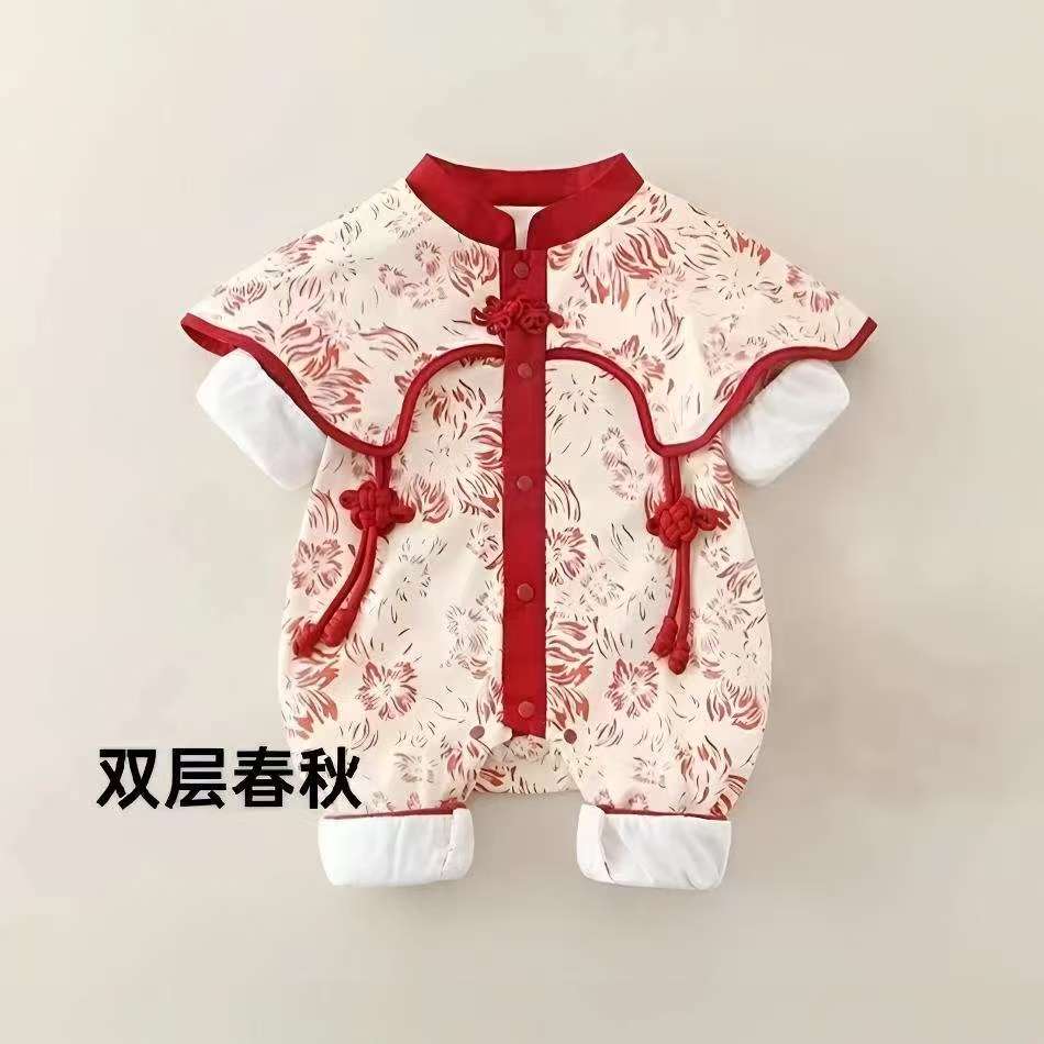 秋冬款婴幼儿中国风周岁百天连体中厚款礼服哈衣保暖棉服双层哈衣