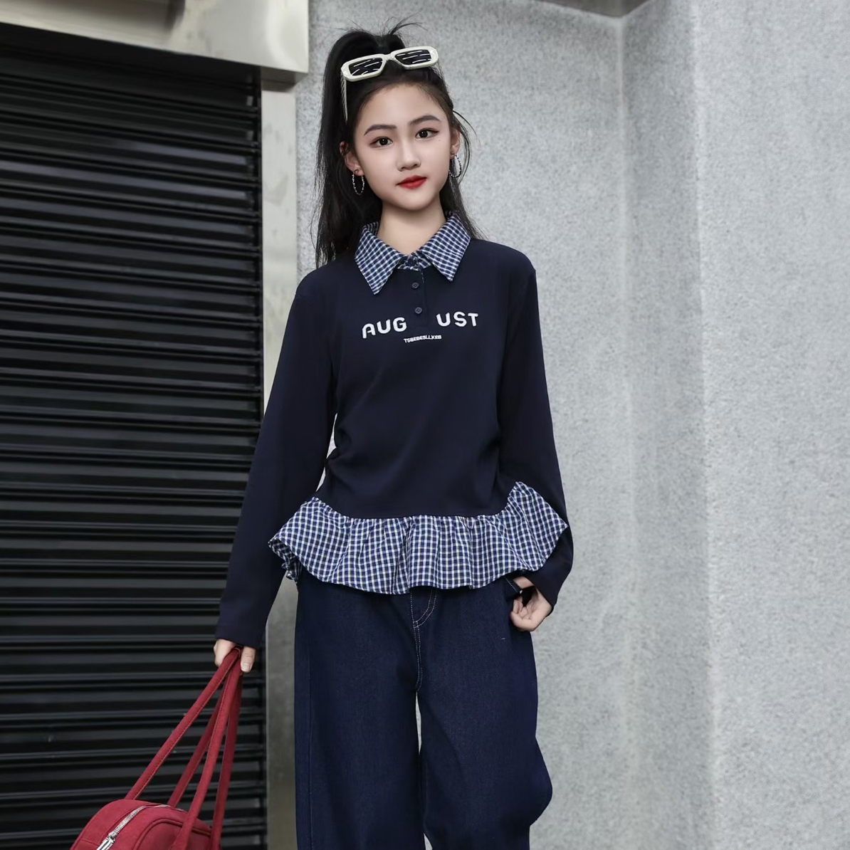 女童2025秋季女童新款韩版洋气卫衣+牛仔直筒裤套装-6040
