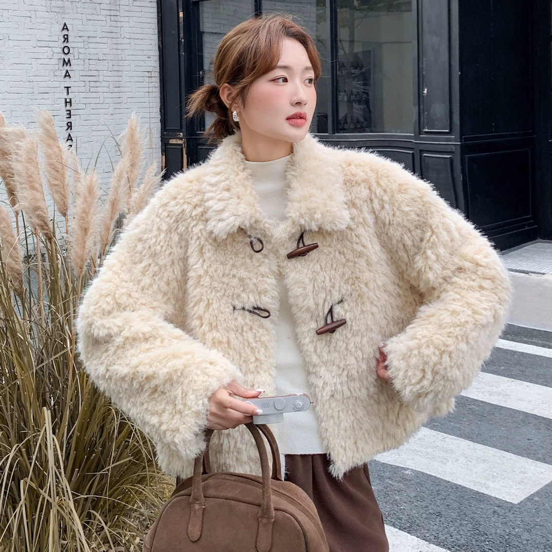 【如意】韩系牛角扣毛毛外套