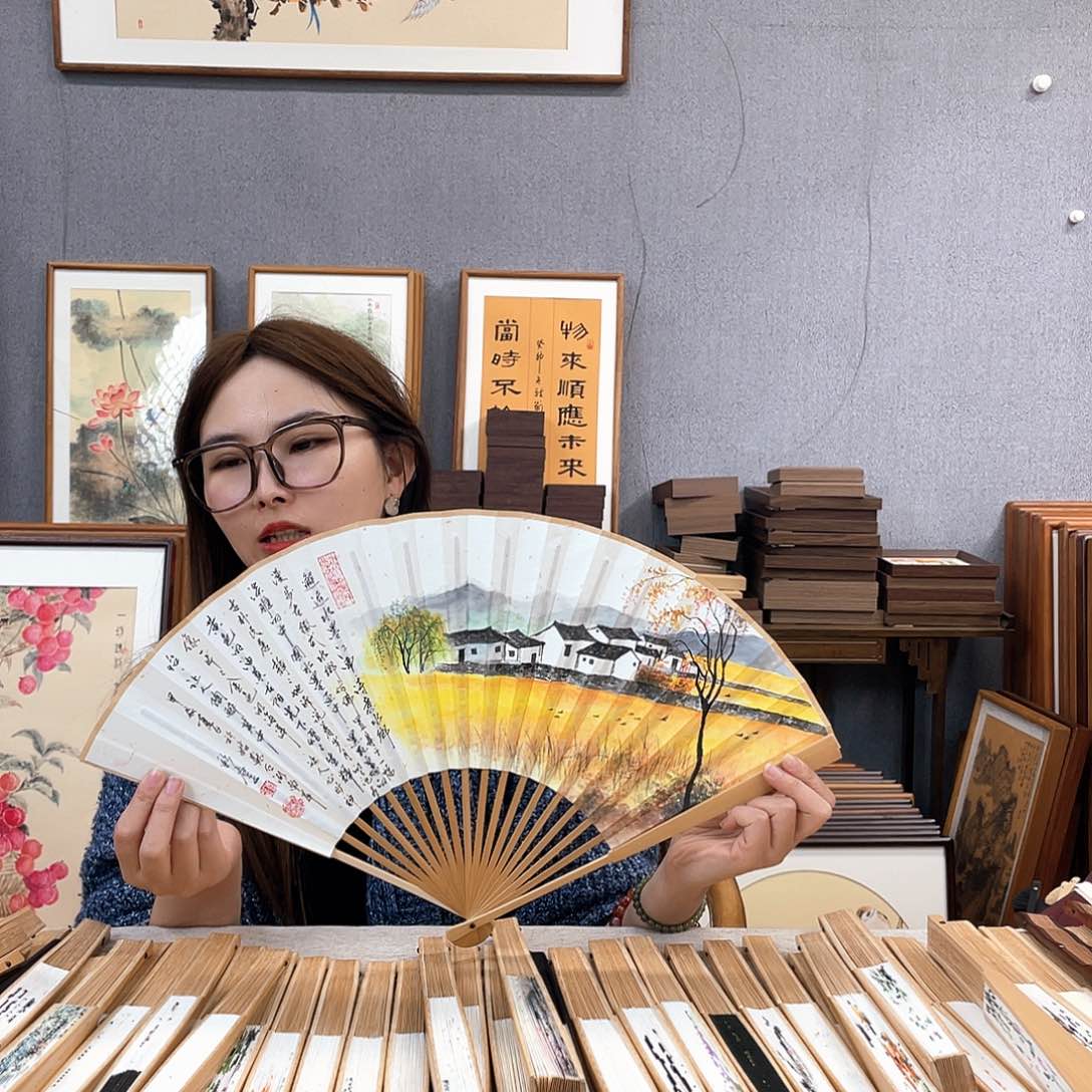 国画95寸玉竹-纯手绘-文玩扇骨（默认粘好）