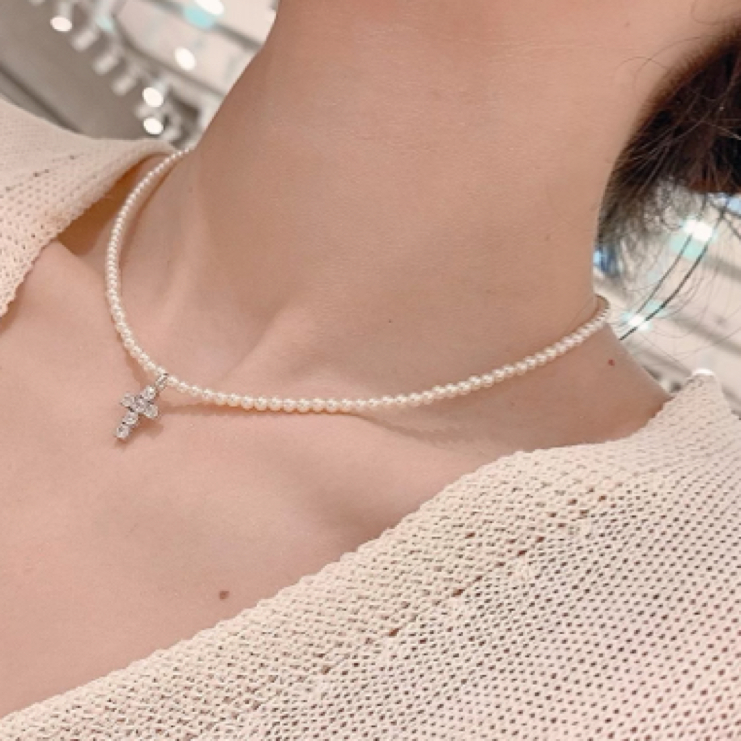 铜合金仿珍珠吊坠 十字吊坠小米珠（3mm）项链精致简约