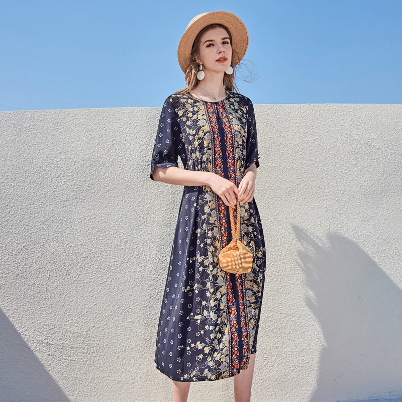 重磅单层印花桑蚕丝连衣裙D9007024