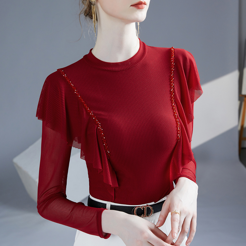 新款荷叶边钉珠打底衫2025春季网纱长袖洋气时尚女上衣广场舞小衫
