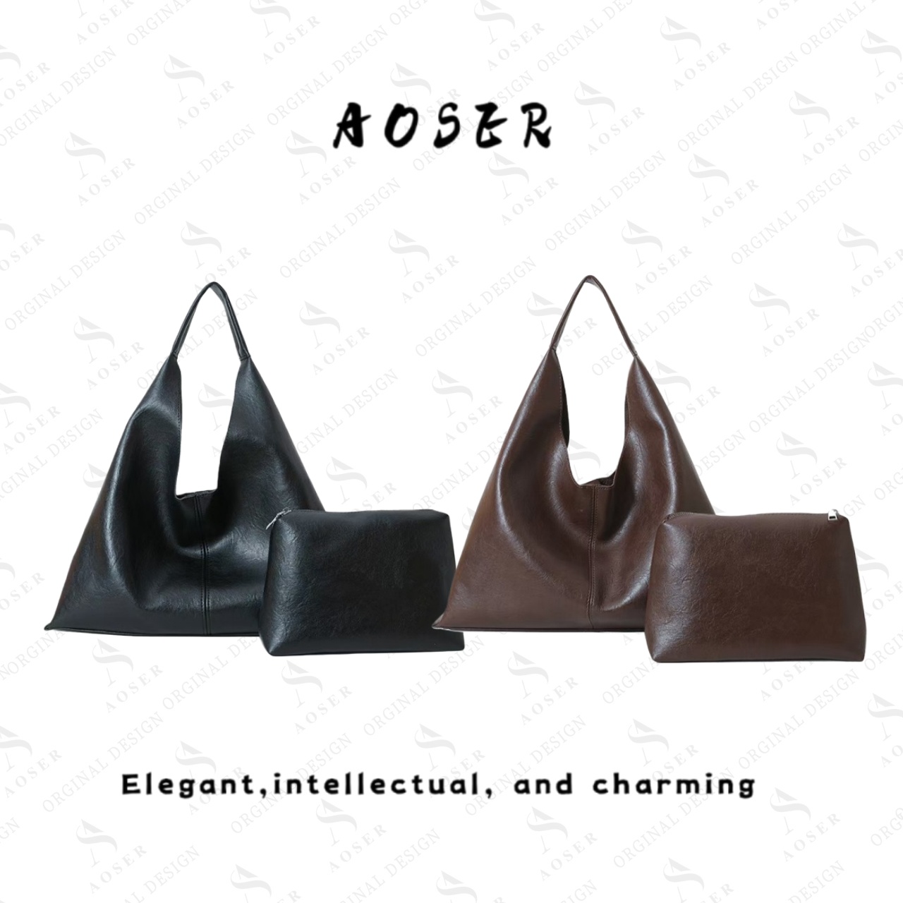 AOSER磁扣车缝线简约风托特包单肩包黑色时尚轻奢2063