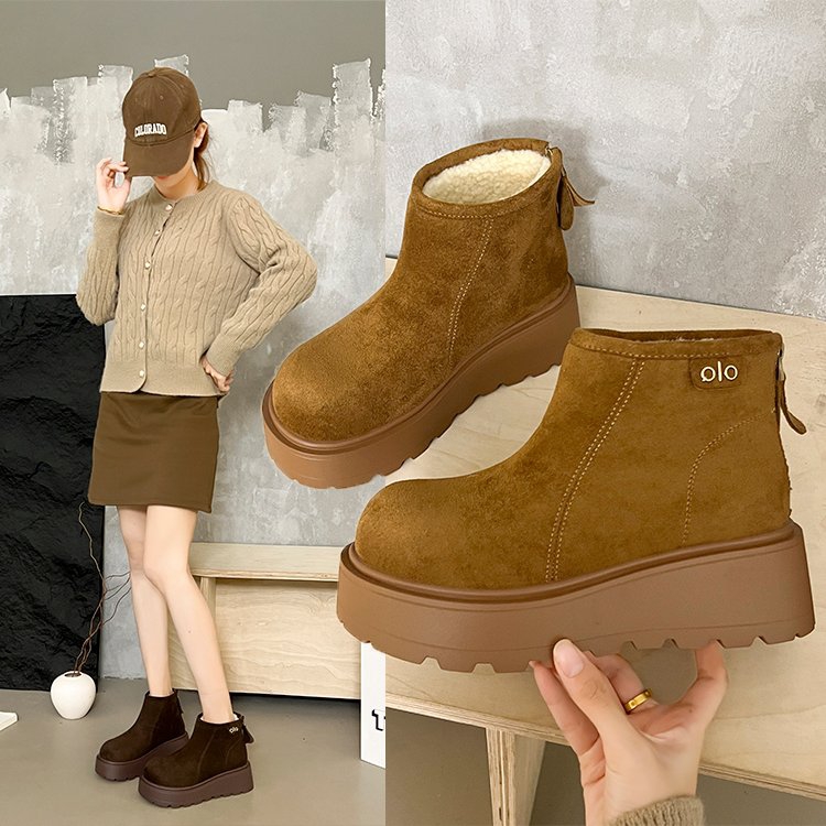 厚底增高复古勃肯短靴女秋冬新款小个子英伦风后拉链雪地靴