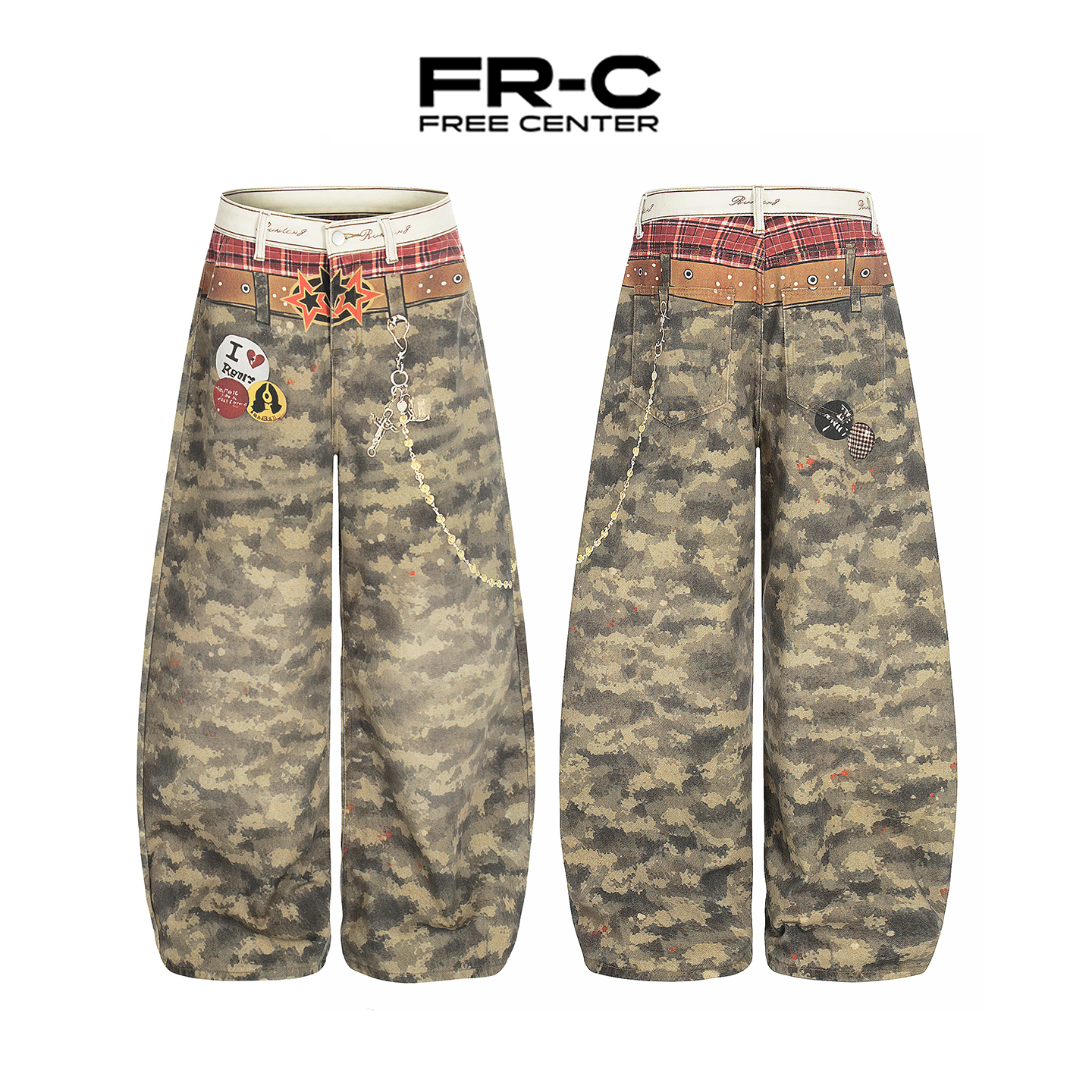 FREE CENTER美式街头迷彩腰带链条数码印花阔腿弯刀裤女长裤
