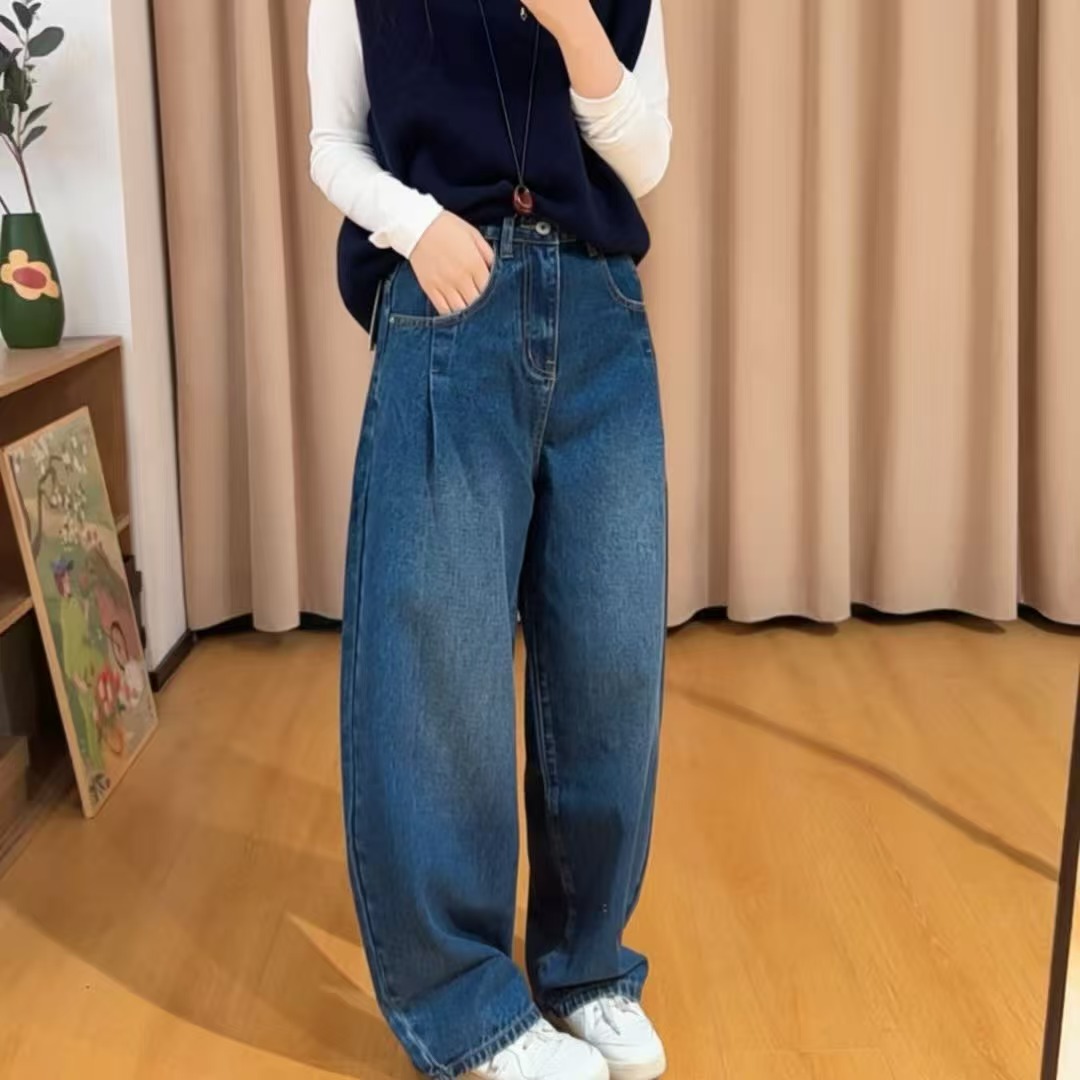 13559余小鱼【西域牛仔】深蓝色压褶抓毛百搭阔腿宽松牛仔裤女装