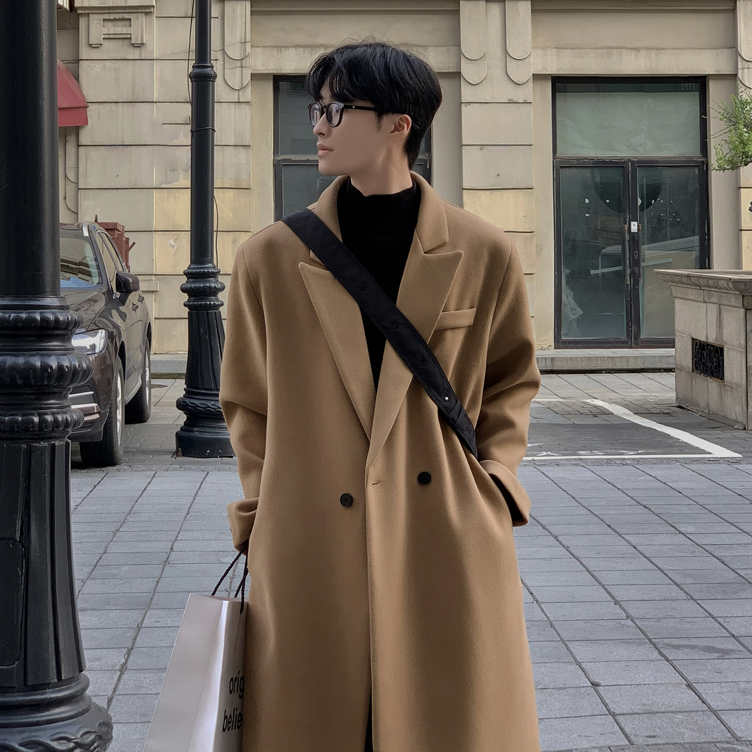 英伦风中长款过膝毛呢大衣外套男夹棉垫肩秋冬高级感西装呢子风衣