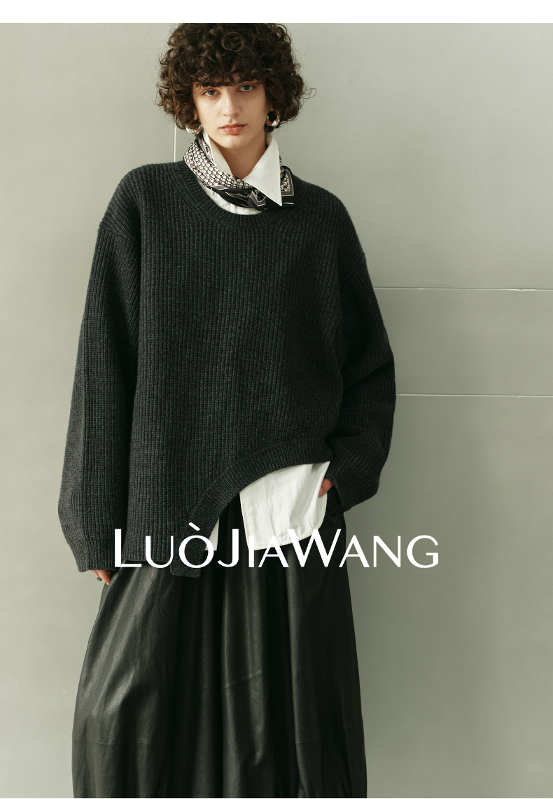 山羊绒羊毛设计感坑条落肩圆领针织衫女秋冬LUOJIAWANG【解构艺术】