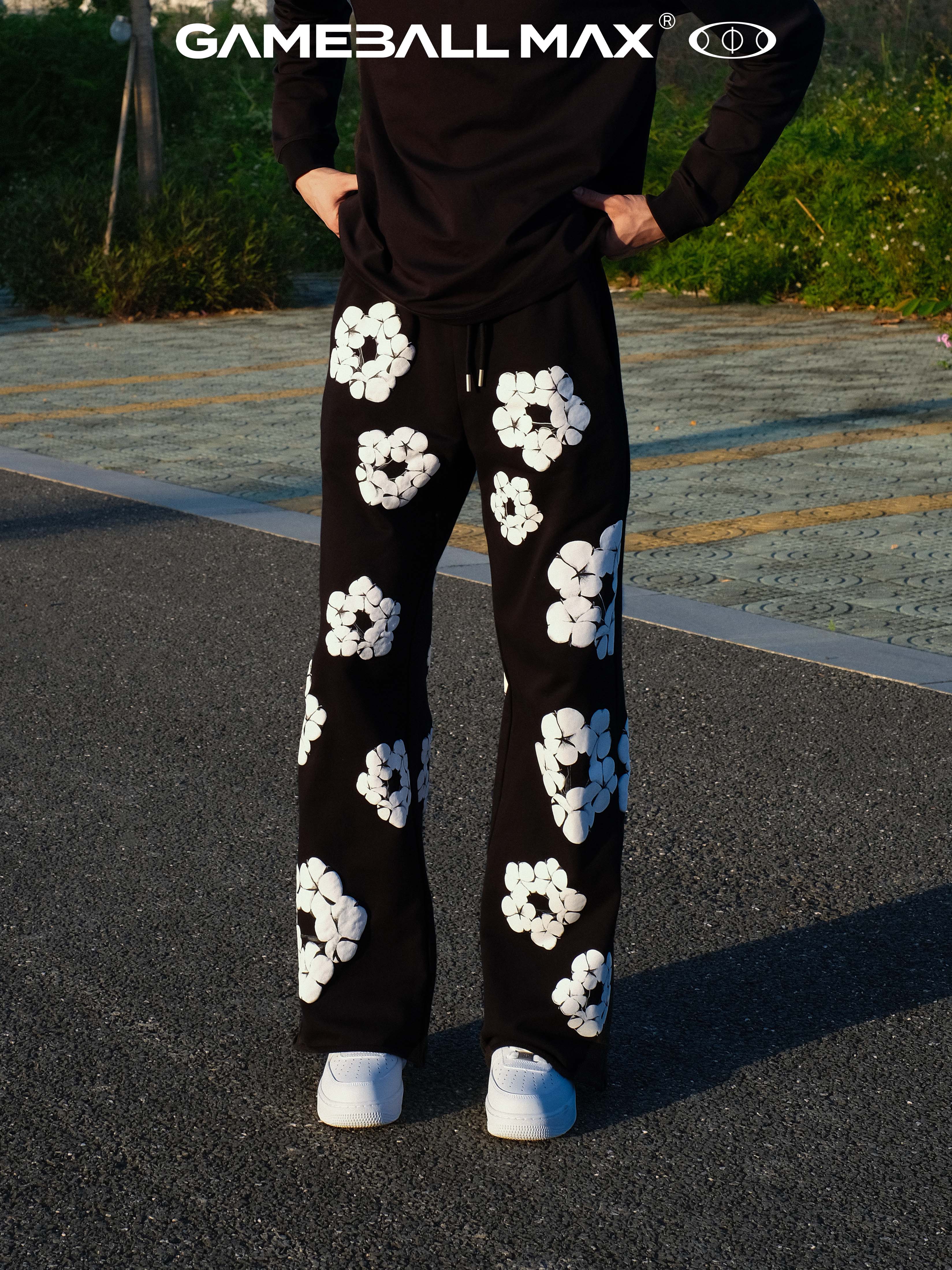 GAMEBALLMAX木棉花卫裤 500g重磅发泡印花微喇满印宽松潮流休闲裤