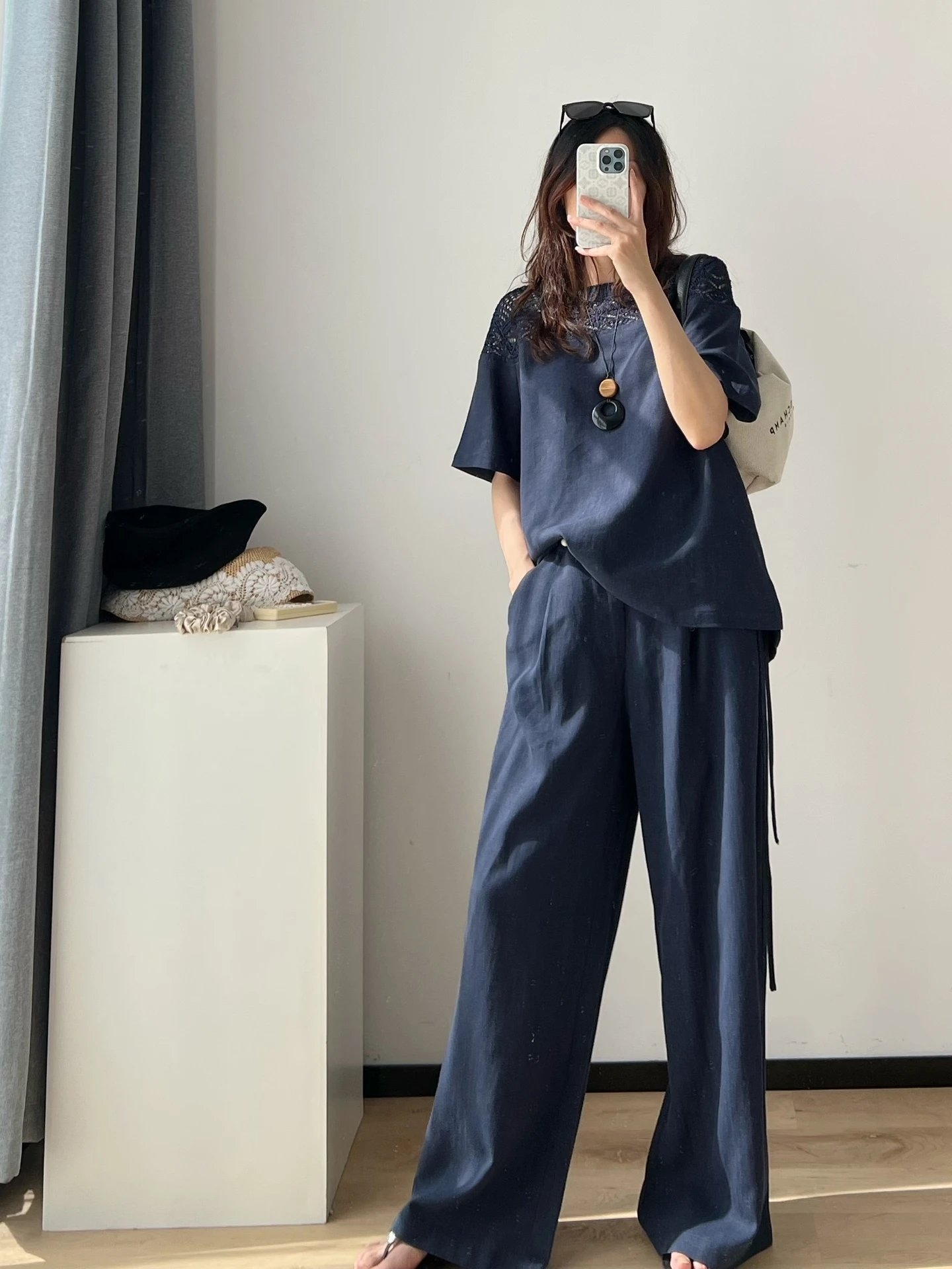 苎麻薄款舒适直筒裤两片式休闲抽绳休闲裤女