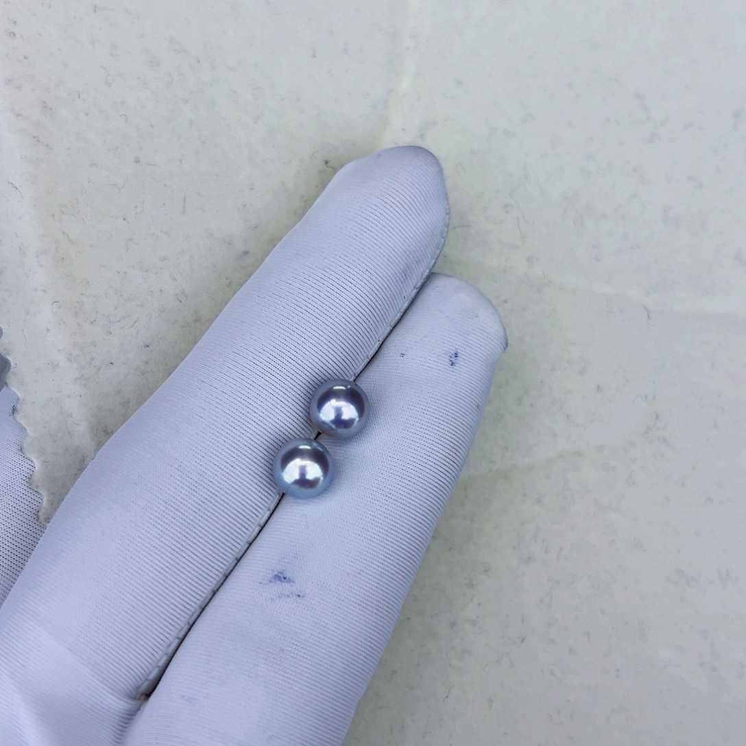 海水珍珠海水akoya真多麻色耳钉6-7mm18K金镶嵌