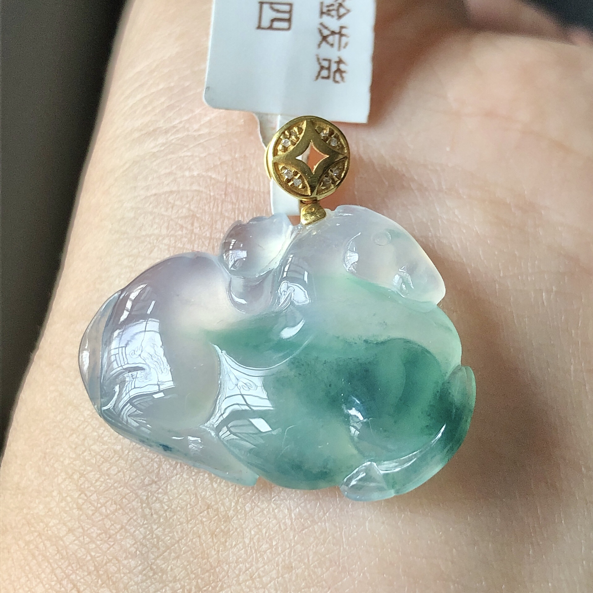 缅甸天然A货翡翠18k金镶嵌老坑冰种飘花唐马吊坠尺寸28.2/25/4.8