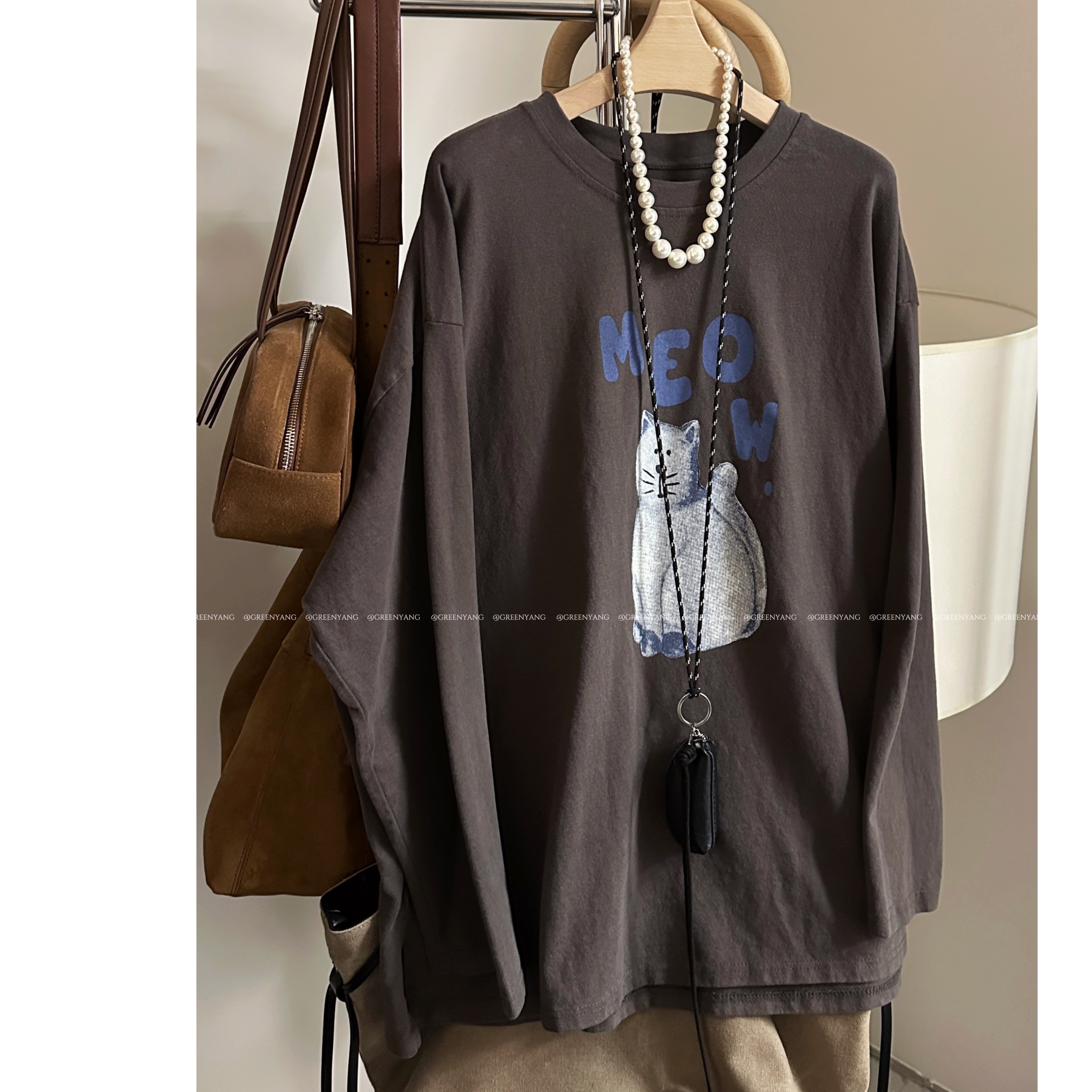 老羊家~韩版新款秋冬宽松大版猫猫印花百搭慵懒厚实打底长袖T恤女