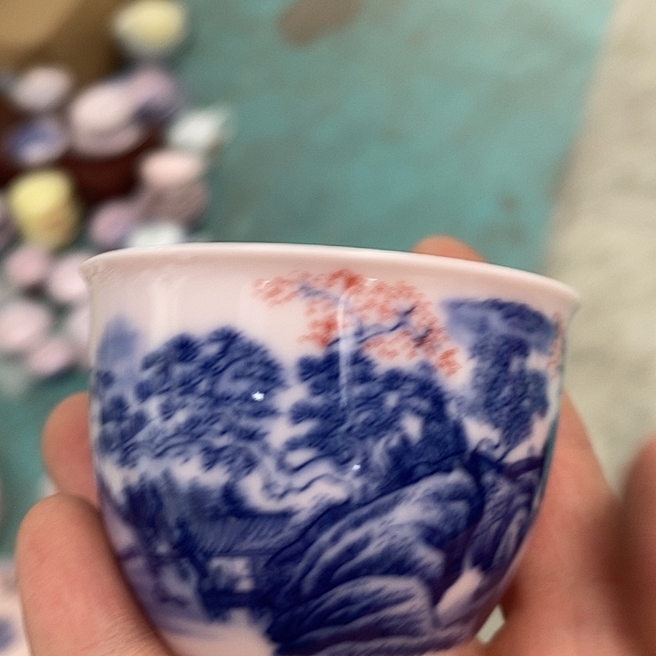 摆件陶红稀土山水釉里红小缸杯