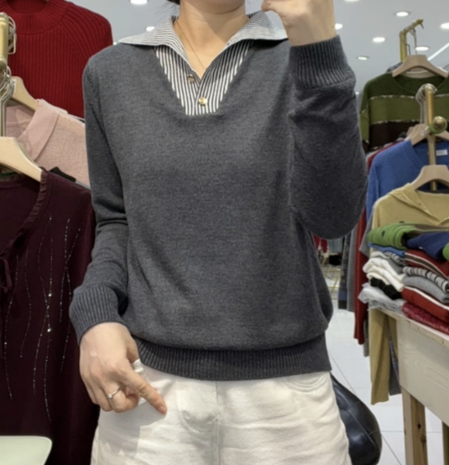 【灰方领高货】2025初秋新款韩版时尚长袖翻领减龄百搭毛衣女