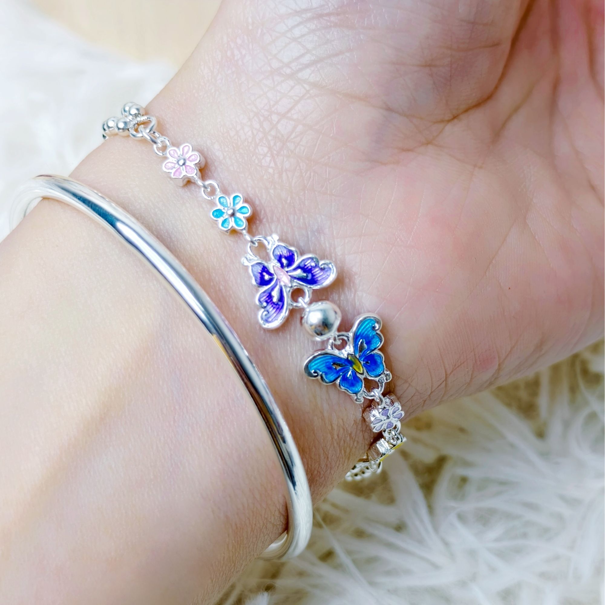 足银手链 S09足银990珐琅双层蝴蝶珠珠复古