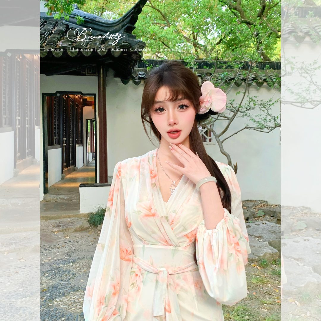 千子小姐【橘子香气】温柔性感灯笼袖防晒修身绑带鱼尾夏日连衣裙