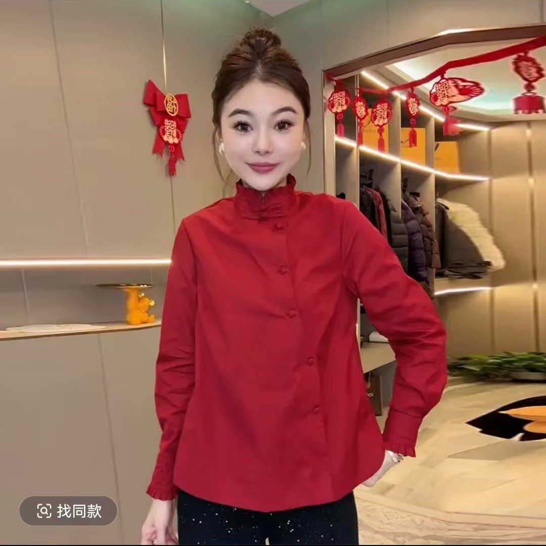 纯色气质立领木耳边长袖衬衫女洋气盘扣设计百搭显瘦上衣