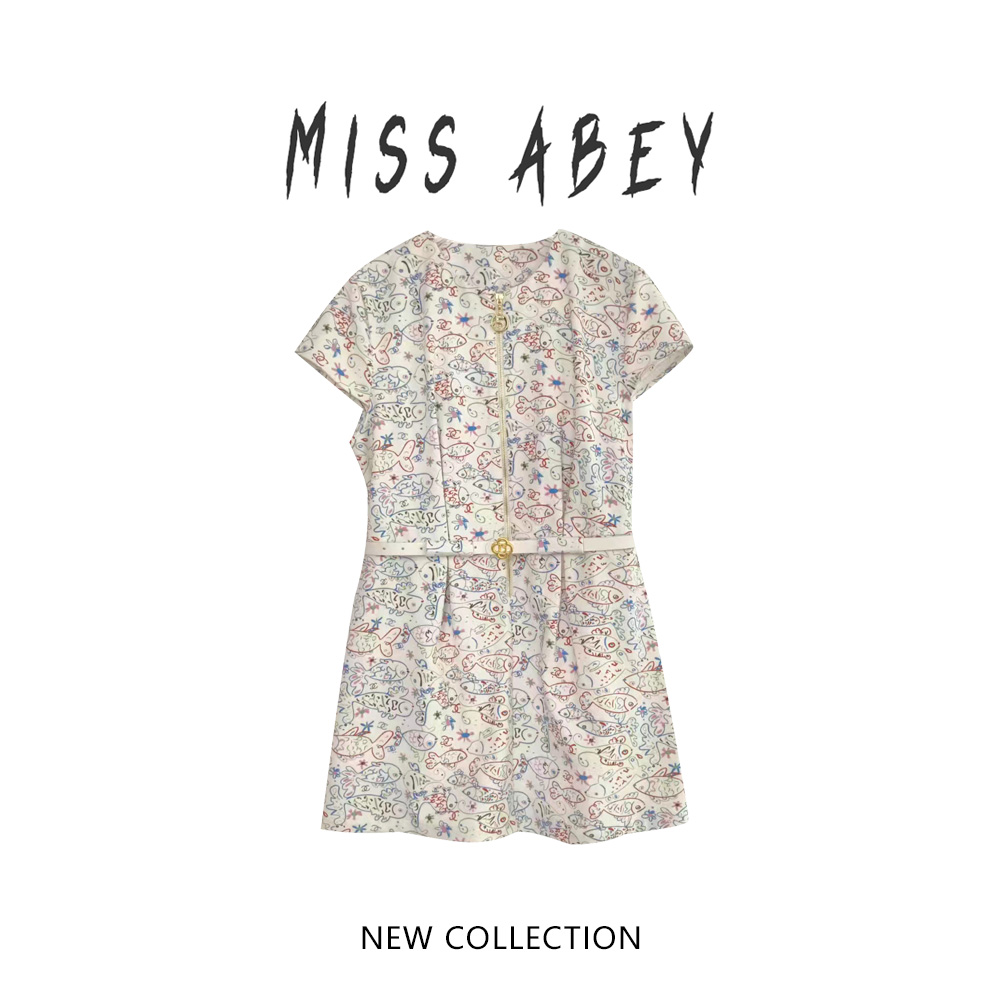  【杉姐自营店】甜美俏皮印花短袖连衣裙拉链腰带设计增添时尚6715