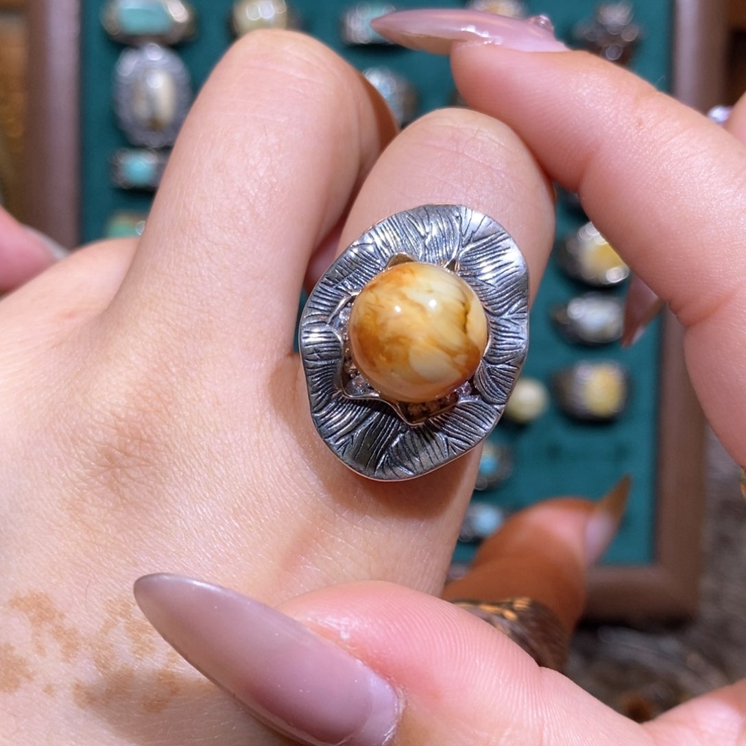 琥珀戒指银S925镶嵌戒指